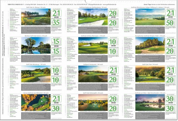 Golfkalender 2022 Rückseite Greenfee Gutscheine