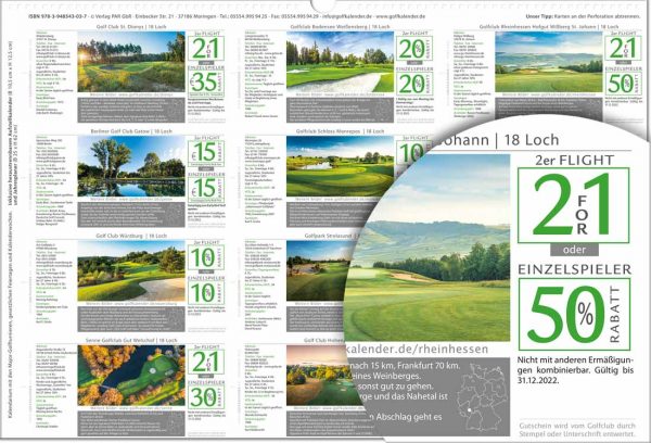 Golfkalender 2022 Rückseite Greenfee Gutscheine