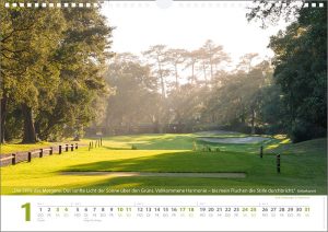 Golf Zitate Kalender 2026 – Januar – Die Stille des Morgens, das sanfte Licht der Sonne über den Grüns.