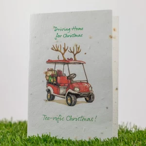 Golfsport Weihnachtskarte Golf Cart auf Blumensamenpapier - Lustige Golf-Carts - Tee-rific Christmas