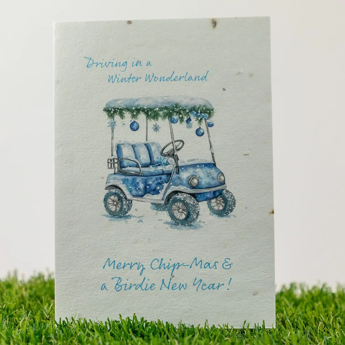 Golfsport Weihnachtskarte Golf Cart auf Blumensamenpapier - Lustige Golf-Carts - Merry Chip-mas