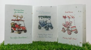 Golf Weihnachtskarte Golf Cart auf Blumensamenpapier 3er Set